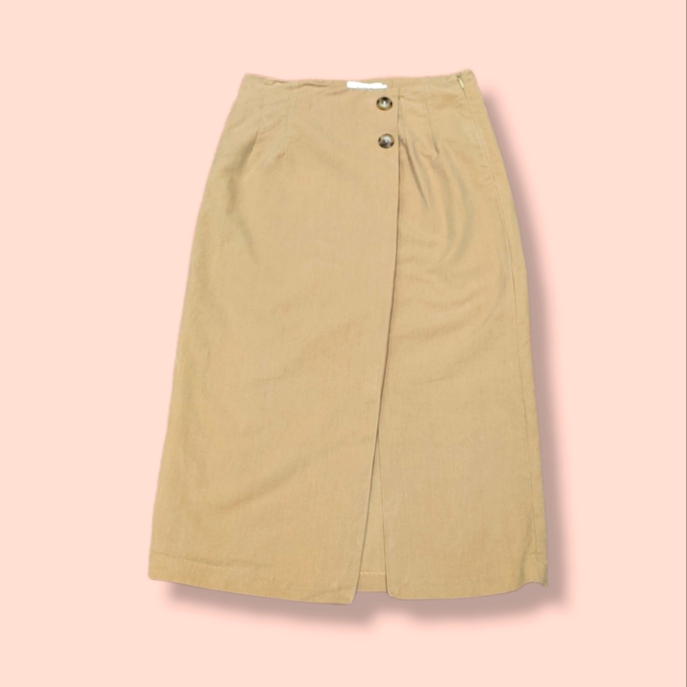 Korean Tan Brown Wrap Midi Skirt with Slit and Decorative Buttons Size S